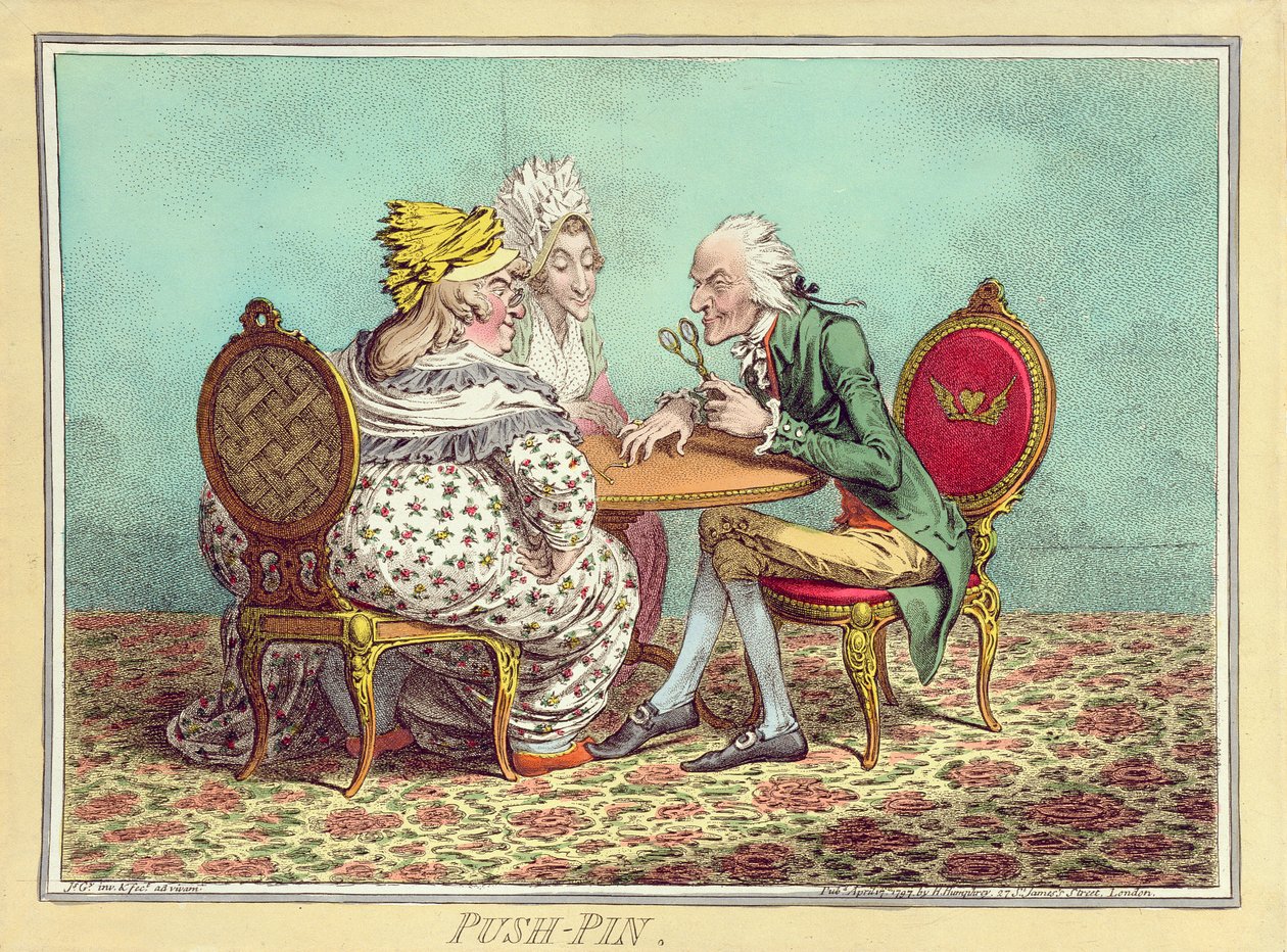 Push-Pin, publicerad av Hannah Humphrey 1797 (handfärgad etsning) av James Gillray