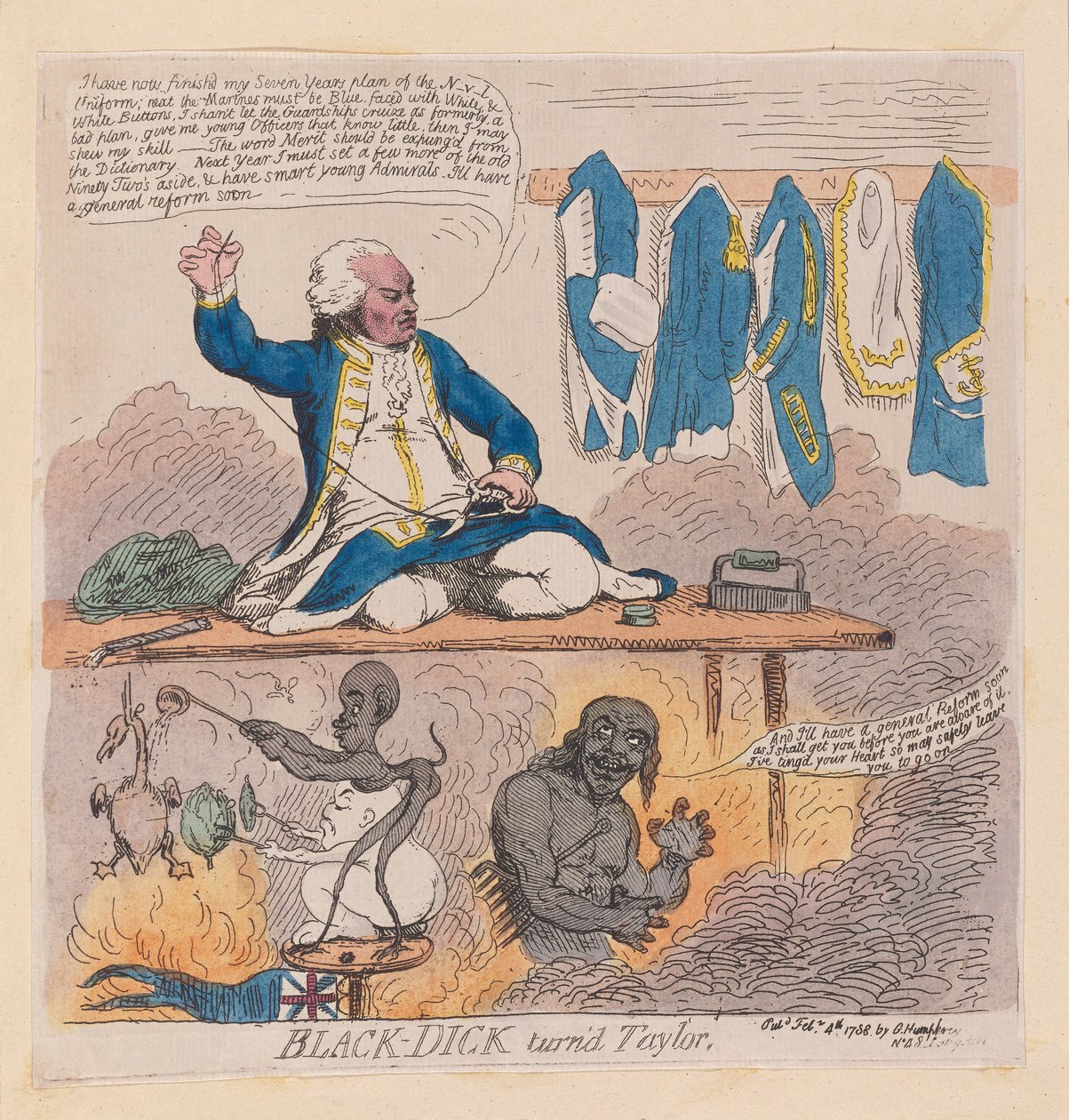 Richard Howe, 1st Earl Howe (Black-Dick blev skräddarsydd), pub. 1788 (handfärgad gravyr) av James Gillray