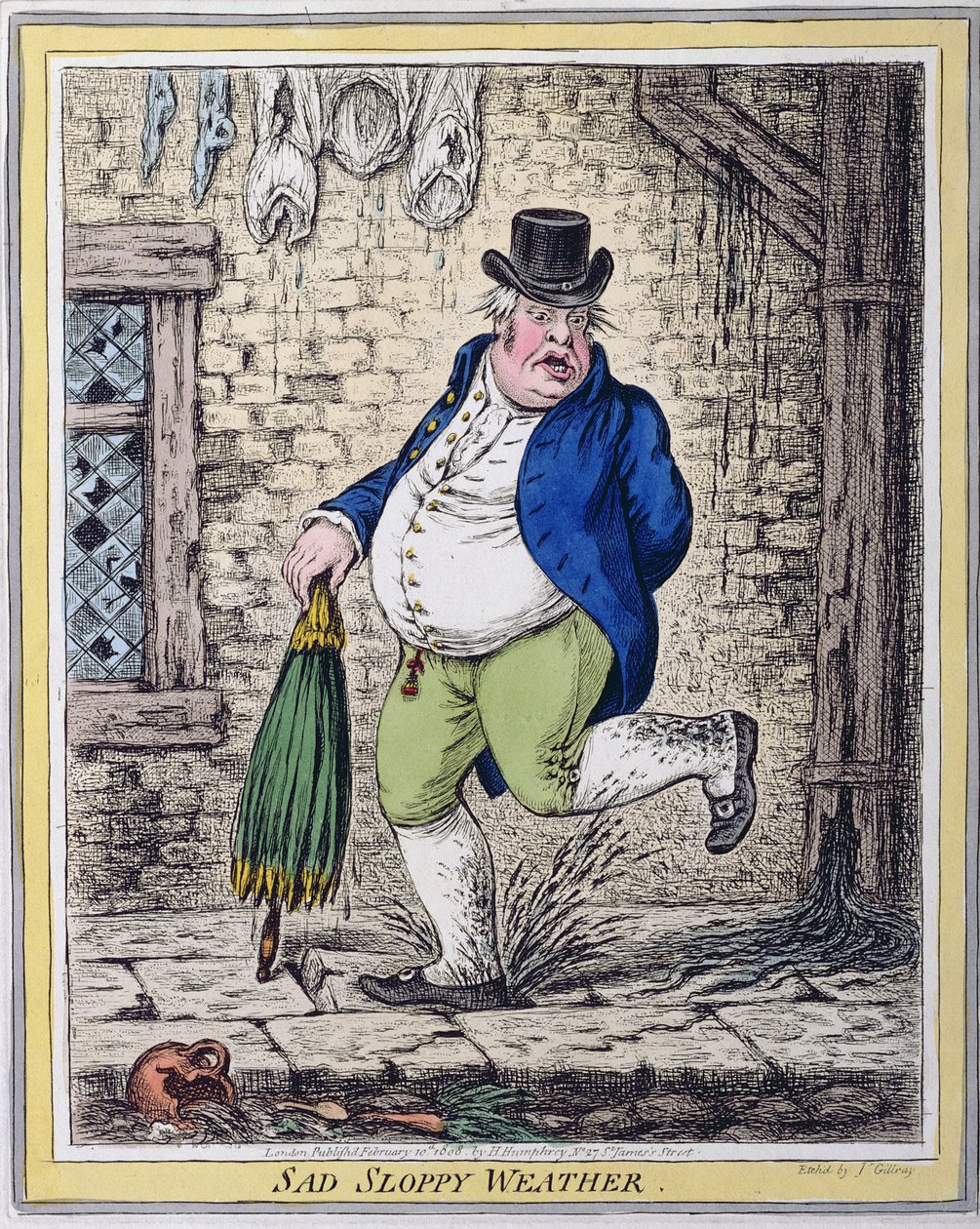 Sad Sloppy Weather, utgiven av Hannah Humphrey 1808 (handkolorerad etsning) av James Gillray