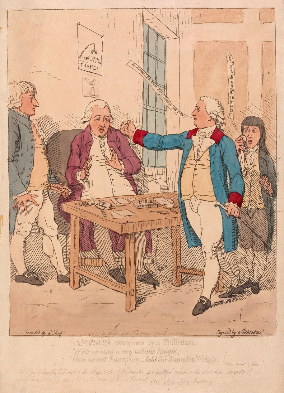 Sampson besegrad av en filistan, pub. 1782 (handfärgad gravyr) av James Gillray