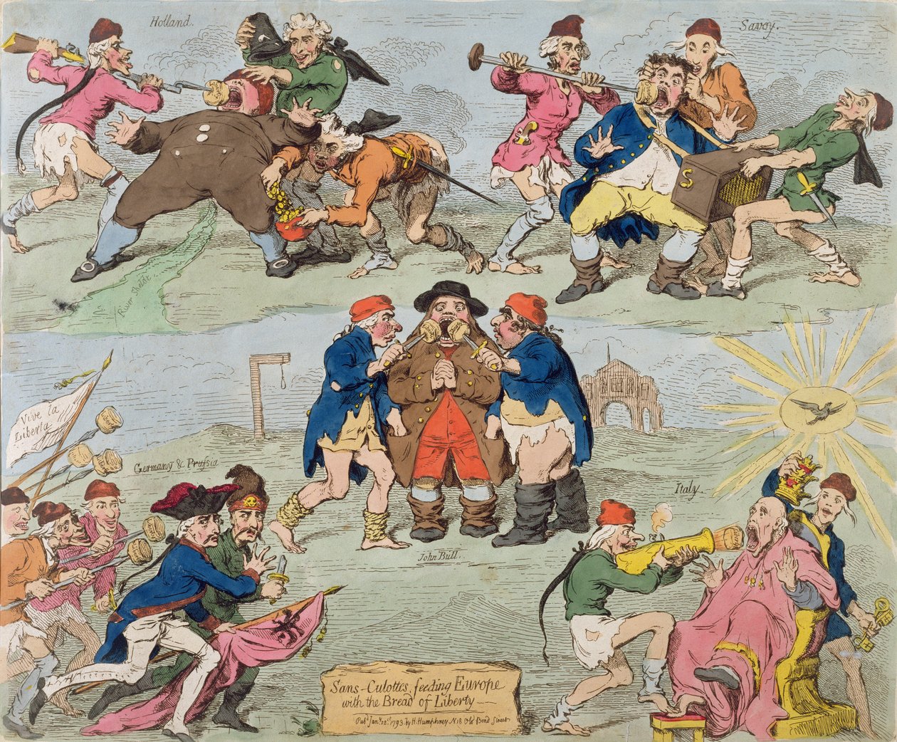 Sans-Culottes Feeding Europe with the Bread of Liberty, publicerad av Hannah Humphrey 1793 (handfärgad etsning) av James Gillray