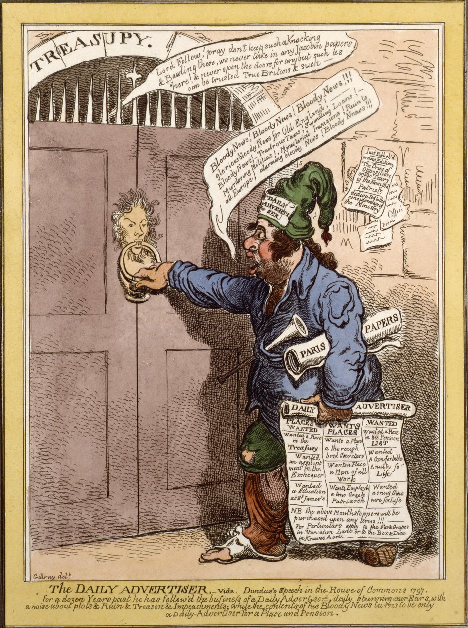Satirisk serie i Daily Advertiser angående Dundas tal i underhuset, 1797 av James Gillray