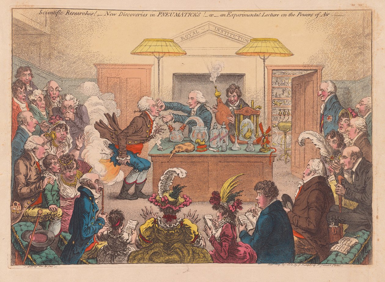 Vetenskapliga undersökningar! Nya upptäckter i Pneumaticks! Eller en experimentell föreläsning om Powers osf Air, pub. 1802 (handfärgad gravyr) av James Gillray