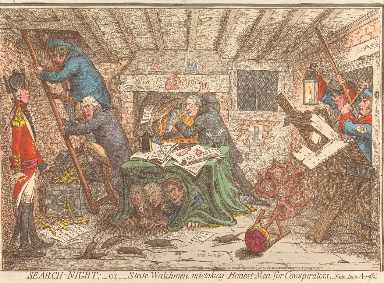 Sök-natt; – eller – Statliga vakter som misstar hederliga män för konspiratörer – Se: Statliga arresteringar av James Gillray