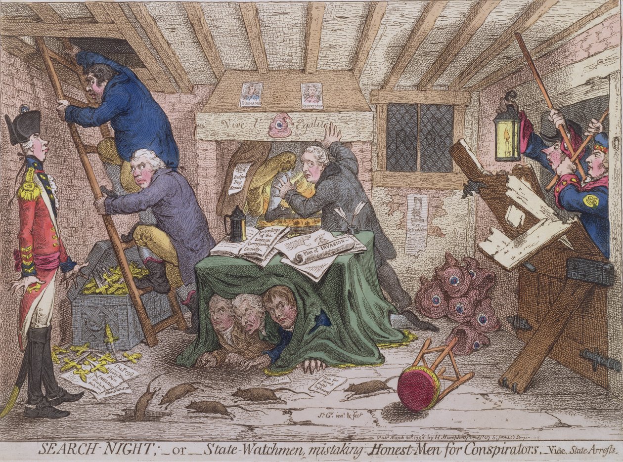 Search Night, or The State Watchmen Mistaking Honest-men for Conspirators, publicerad av Hannah Humphrey 1798 (handfärgad etsning) av James Gillray