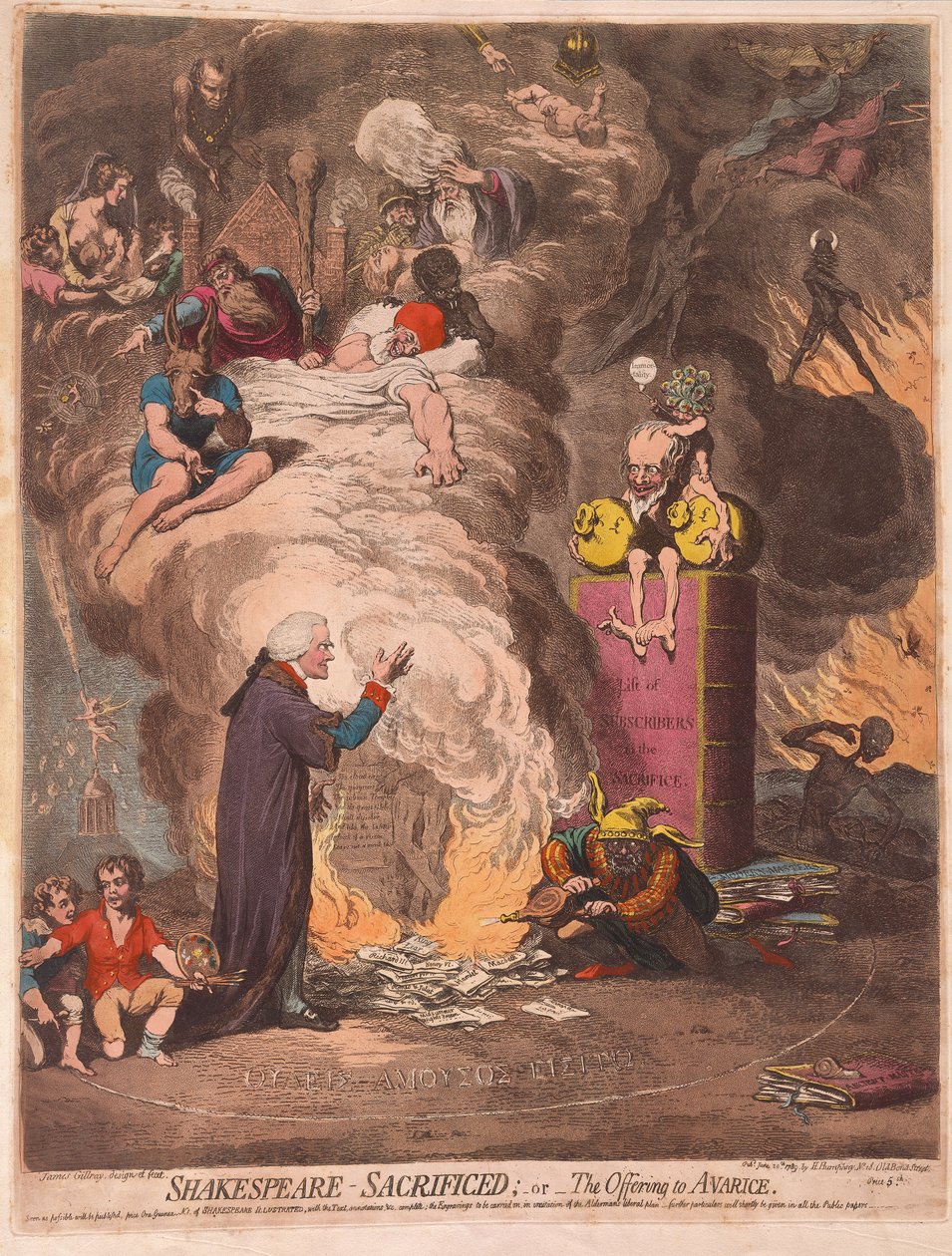 Shakespeare offrade eller Offering of Avarice, pub. 1789 (handfärgad gravyr) av James Gillray