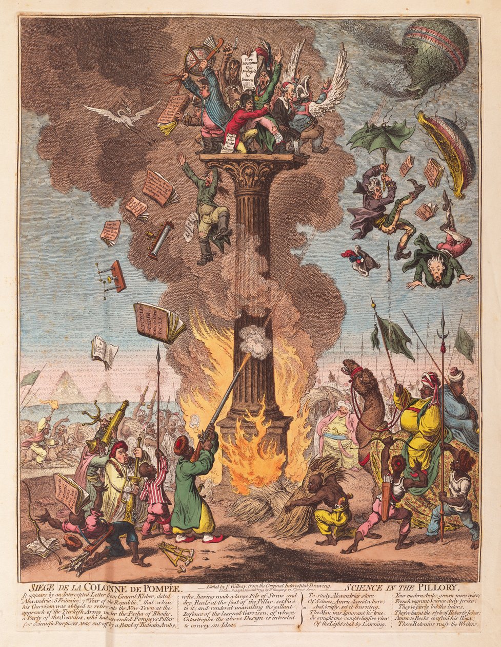 Siege de la Colonne de Pompee, Science in the Pilory, pub. 1799 (handfärgad gravyr) av James Gillray