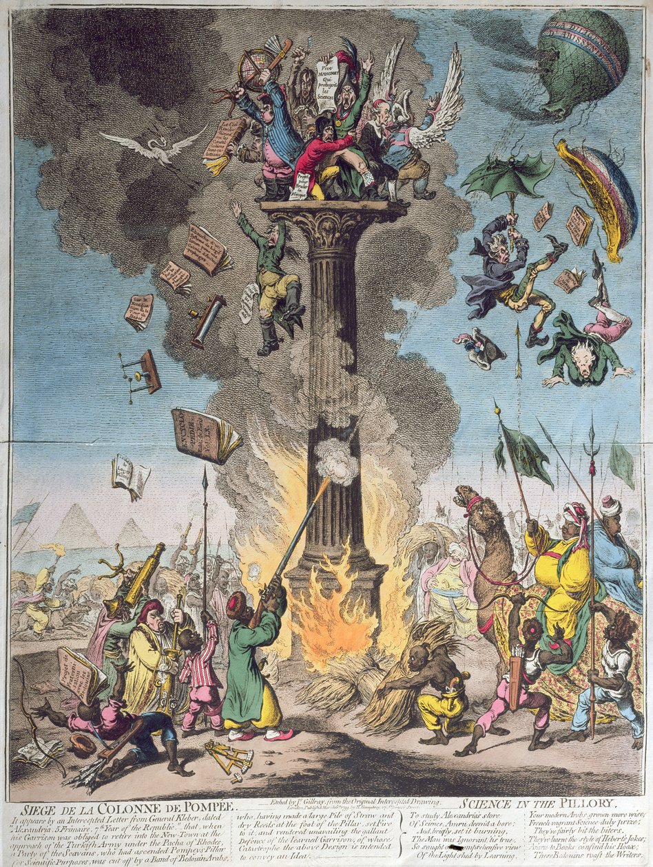 Siege de la Colonne de Pompee, eller Science in the Pilory, publicerad av H. Humphrey 1799 (etsning, gravyr och wc) av James Gillray