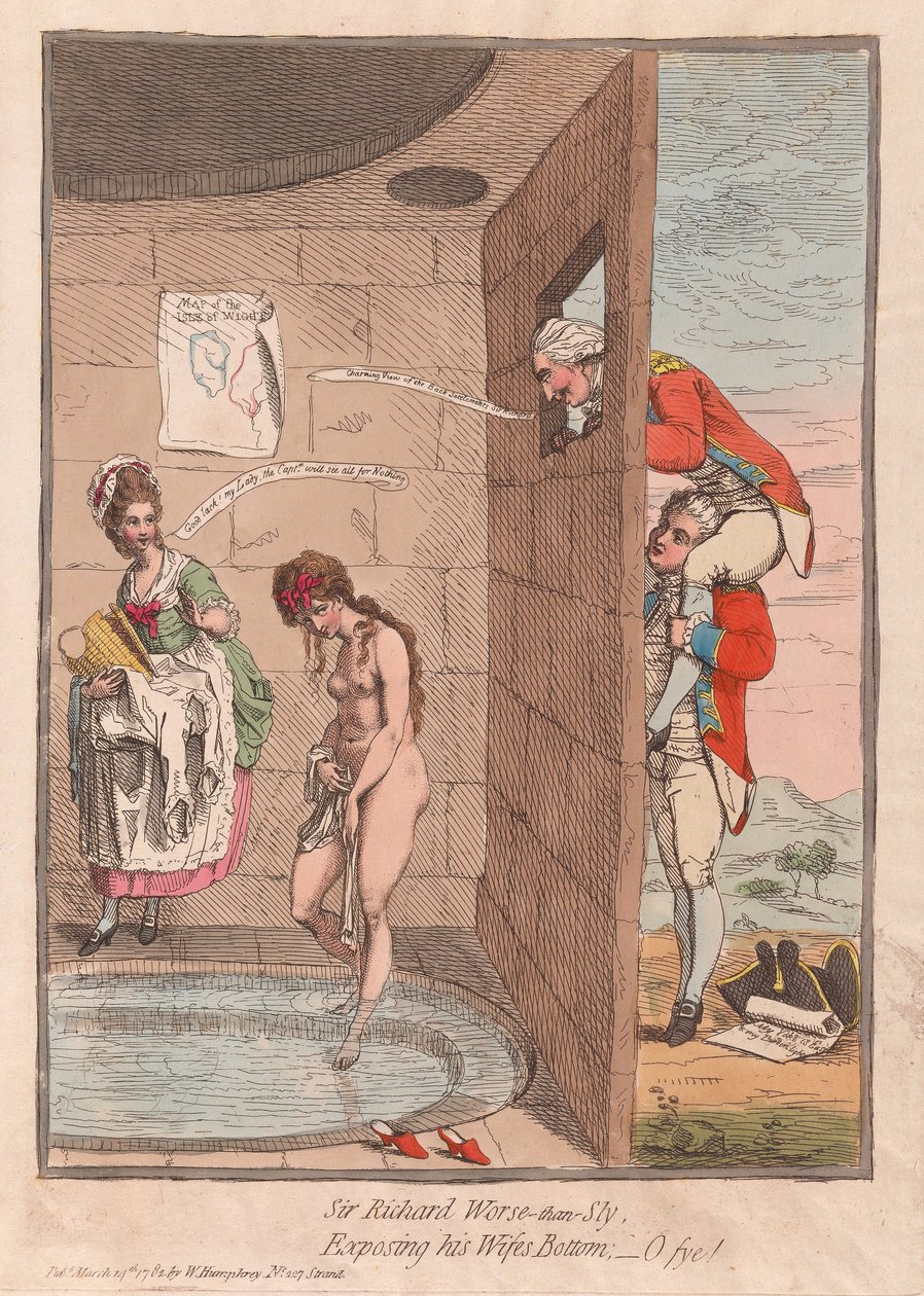 Sir Richard Worse-than-Sly, Exposing his Wifes Bottom - O fye!, pub. 1782 (handfärgad gravyr) av James Gillray