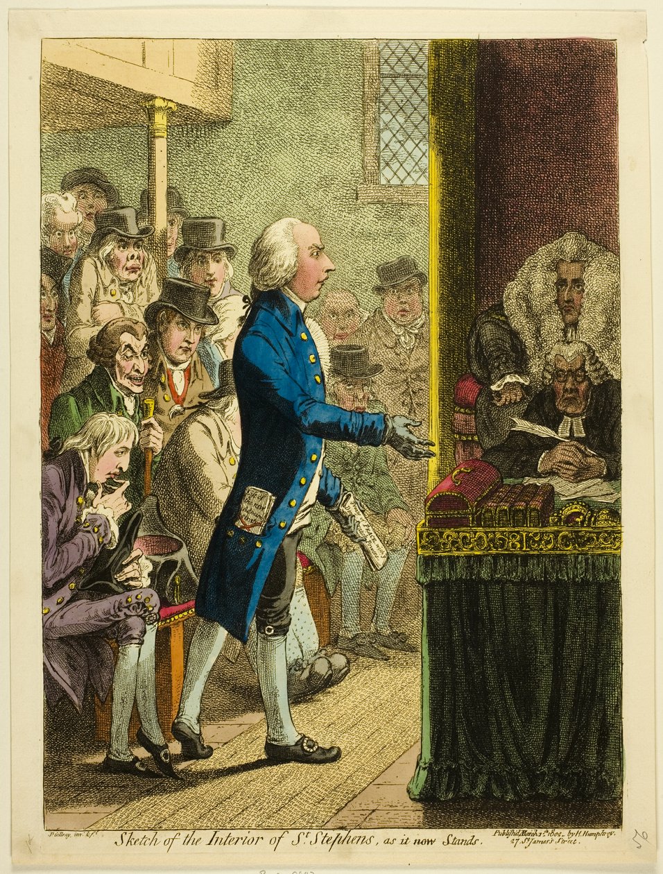 Skiss av interiören i St. Stephens, som den ser ut nu av James Gillray