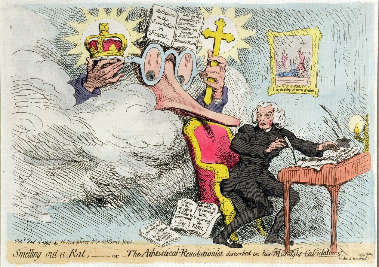 Att lukta på en råtta, eller den ateistiska-revolutionären störd i hans Midnight "Calculations", publicerad av Hannah Humphrey 1790 (handfärgad etsning) av James Gillray