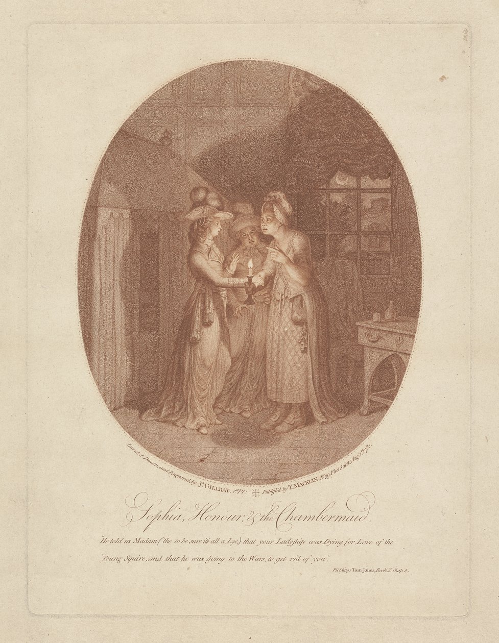 Sophia, Honour, and the Chambermaid, scen från Tom Jones av Henry Fielding (1707-54) (stippstick) av James Gillray