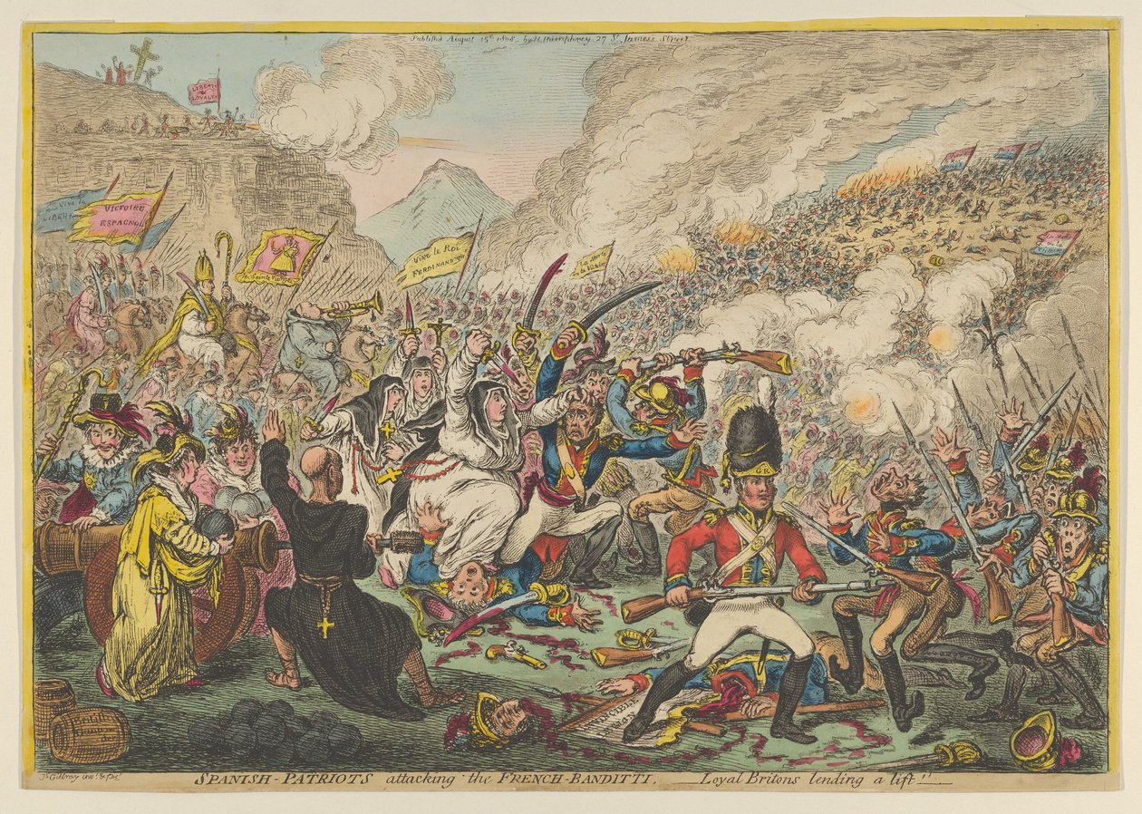 Spanska-patrioter attackerar de fransk-Banditti-lojala britterna som lånar ut ett lyft, A..., 15 augusti 1808. av James Gillray