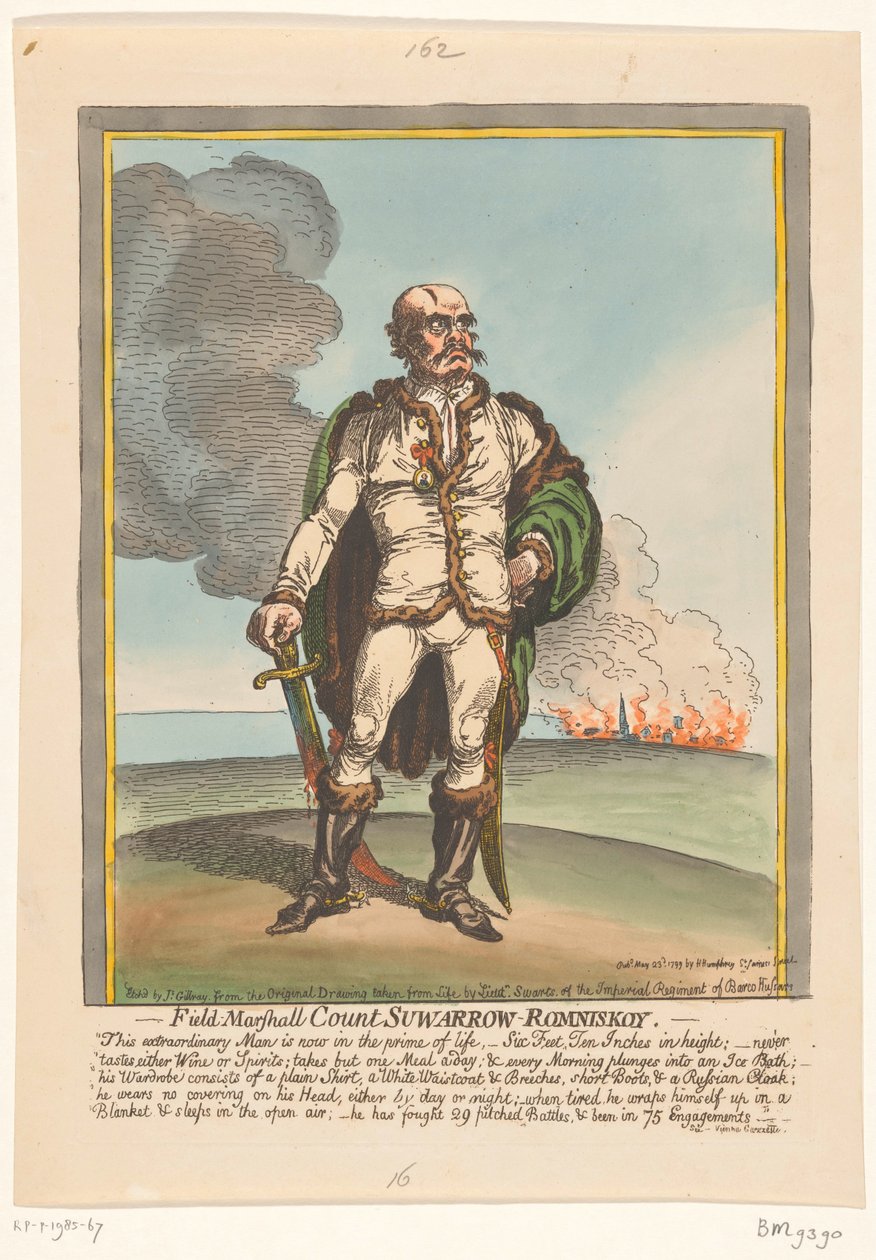 Tecknad film om Aleksandr Suvorov, 1799 Fältmarskalk greve Suwarrow-Romniskoy (titel på objekt) av James Gillray