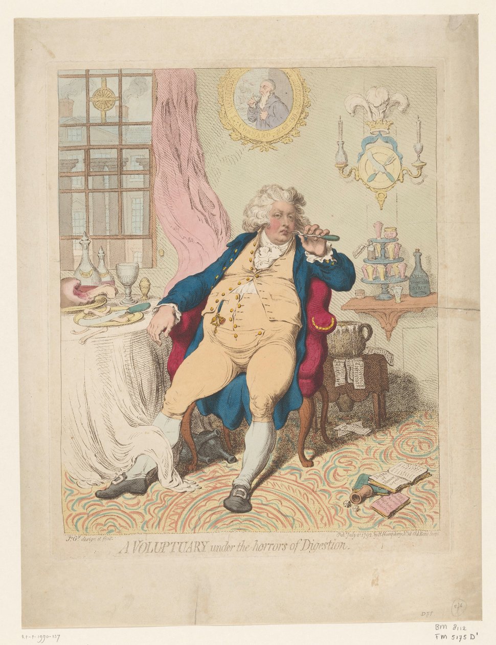 Spotprent op George IV, 1792 A voluptuary under the horrors of Digestion (titel på objekt) av James Gillray