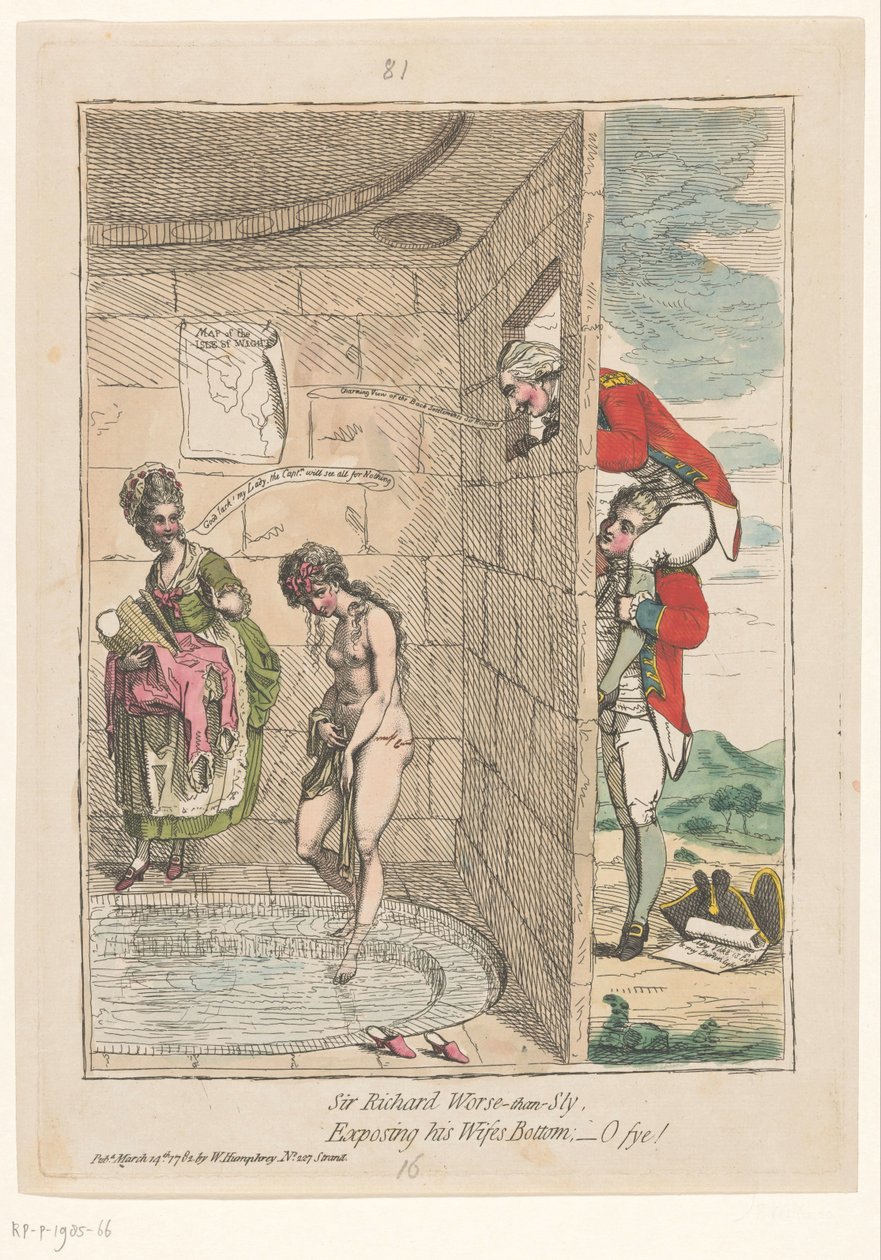 Spotprent av Sir Richard Worsley Sir Richard värre-än-slug, avslöjar sin frus botten; -o fye! (titel på objekt) av James Gillray