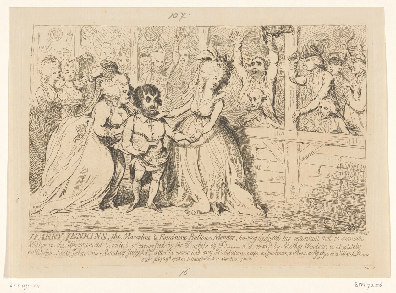 Tecknad film om engelsk inrikespolitik, 1788 Harry Jenkins, The Masculine & Feminine Bellow Mender av James Gillray