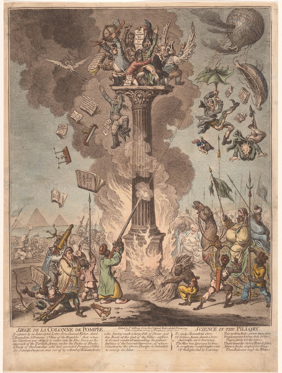 Tecknad film om den franska expeditionen till Egypten, 1799 Siege de la Colonne de Pompee / Science in the pillory (titel på objekt) av James Gillray