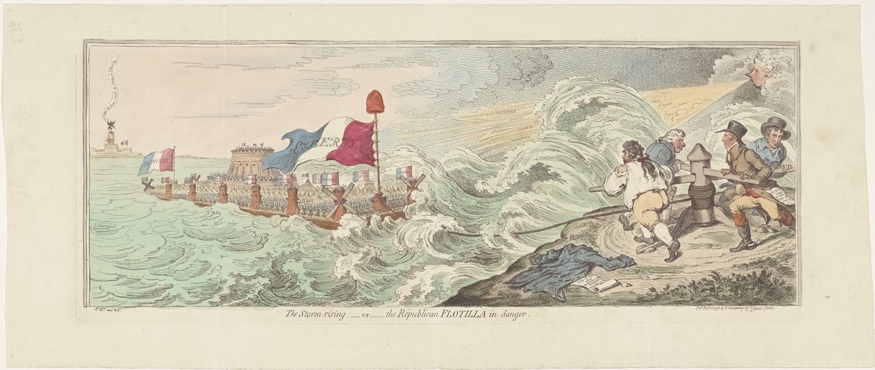 Tecknad film om de franska planerna för en invasion av England, 1798 Stormen stiger - eller - den republikanska flottiljen i fara (titel på objekt) av James Gillray