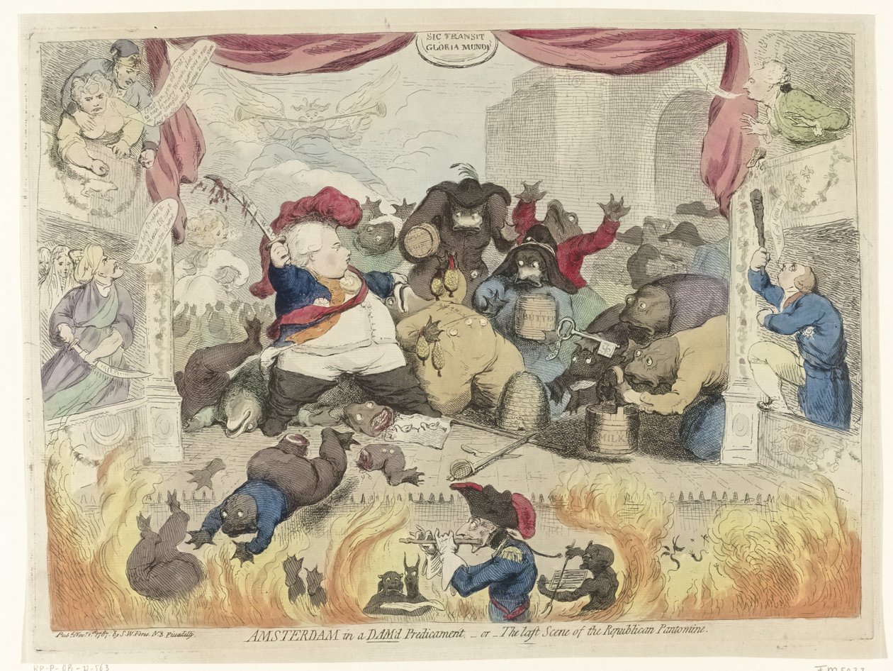 Tecknad film om paniken bland patrioterna efter stadhållaren William Vs tillfrisknande, 1787 Amsterdam i en fördämd situation, - eller - The Last Scene of the Republican Pantomime (titel på objekt) av James Gillray