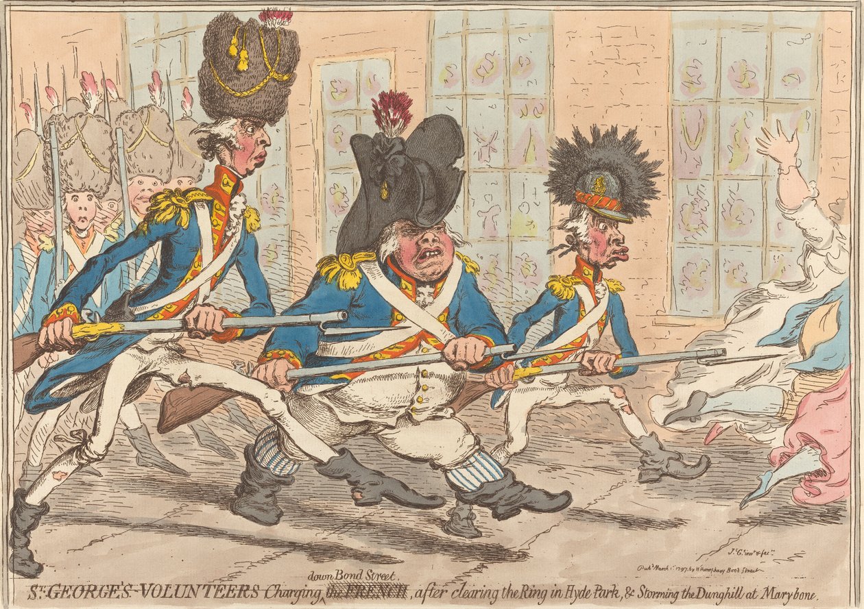 Frivilliga från St. George stormar fram längs Bond Street, efter att ha rensat upp i Hyde Park och stormat gödselhögen vid Marybone av James Gillray