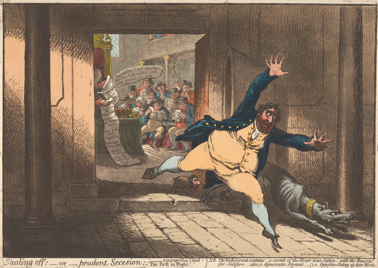 Att smita iväg; – eller – Förnuftig avskiljning. ”Den modige hövdingen – den förste att fly” av James Gillray