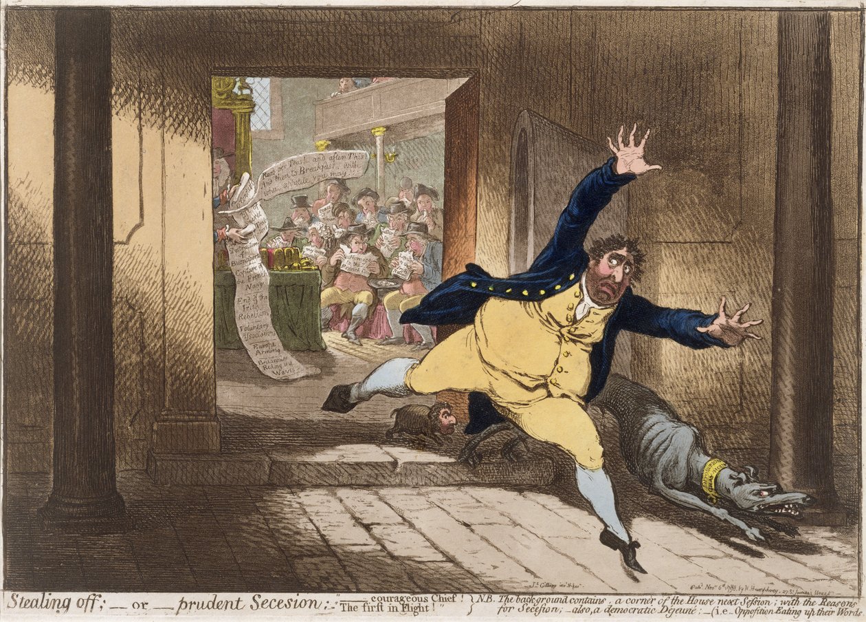 Stealing Off, or Prudent Secesion, publicerad av Hannah Humphrey 1798 (handfärgad etsning med akvatint) av James Gillray
