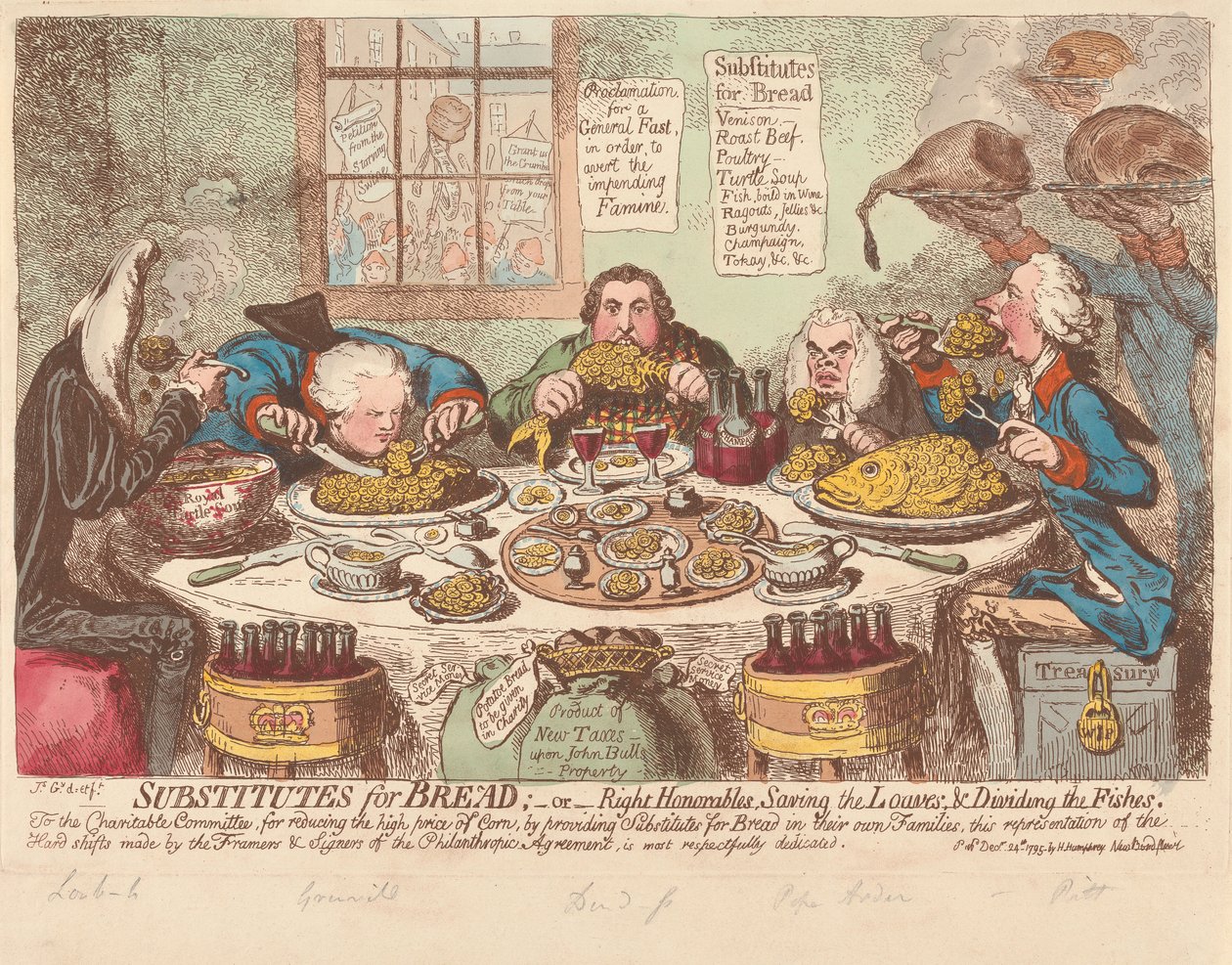 Brödersättningar - eller - Hedersvärda herrar, som räddar bröden och delar fiskarna av James Gillray