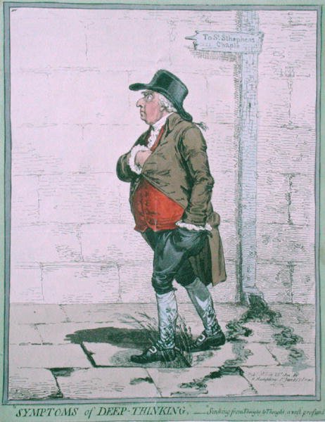 Symptoms of Deep Thinking, publicerad av Hannah Humphrey 1800 (handfärgad etsning) av James Gillray
