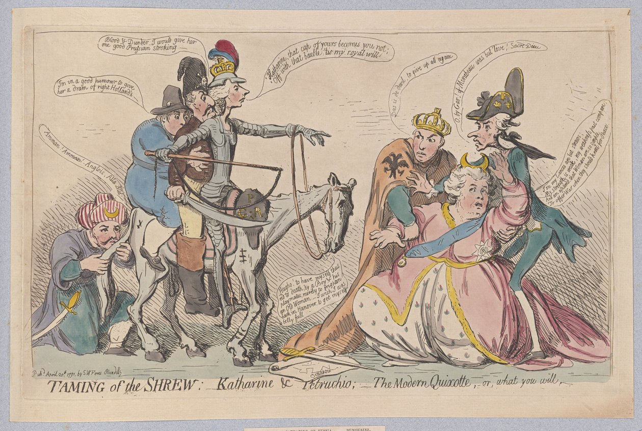Att tämja snäppen: Katherine & Petruchio; The Modern Quixotte, eller vad du vill, pub. 1791 (handfärgad gravyr) av James Gillray