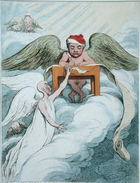 The Accusing Spirit and the Recording Angel, publicerad av Hannah Humphrey 1791 (handfärgad etsning) av James Gillray