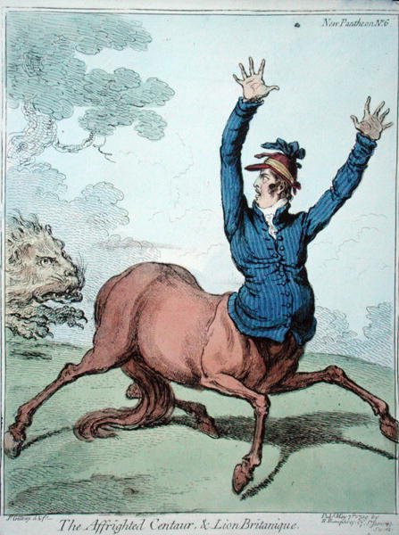 The Frighted Centaur and the Lion Britanique, publicerad av Hannah Humphrey 1799 (handfärgad etsning) av James Gillray