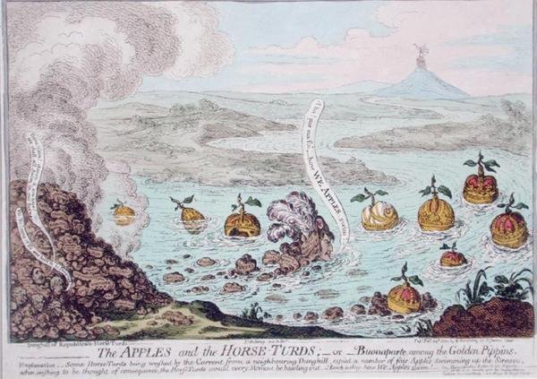 The Apples and the Horse-Turds, eller Buonaparte Among the Golden Pippins, publicerad av Hannah Humphrey 1800 (handfärgad etsning) av James Gillray