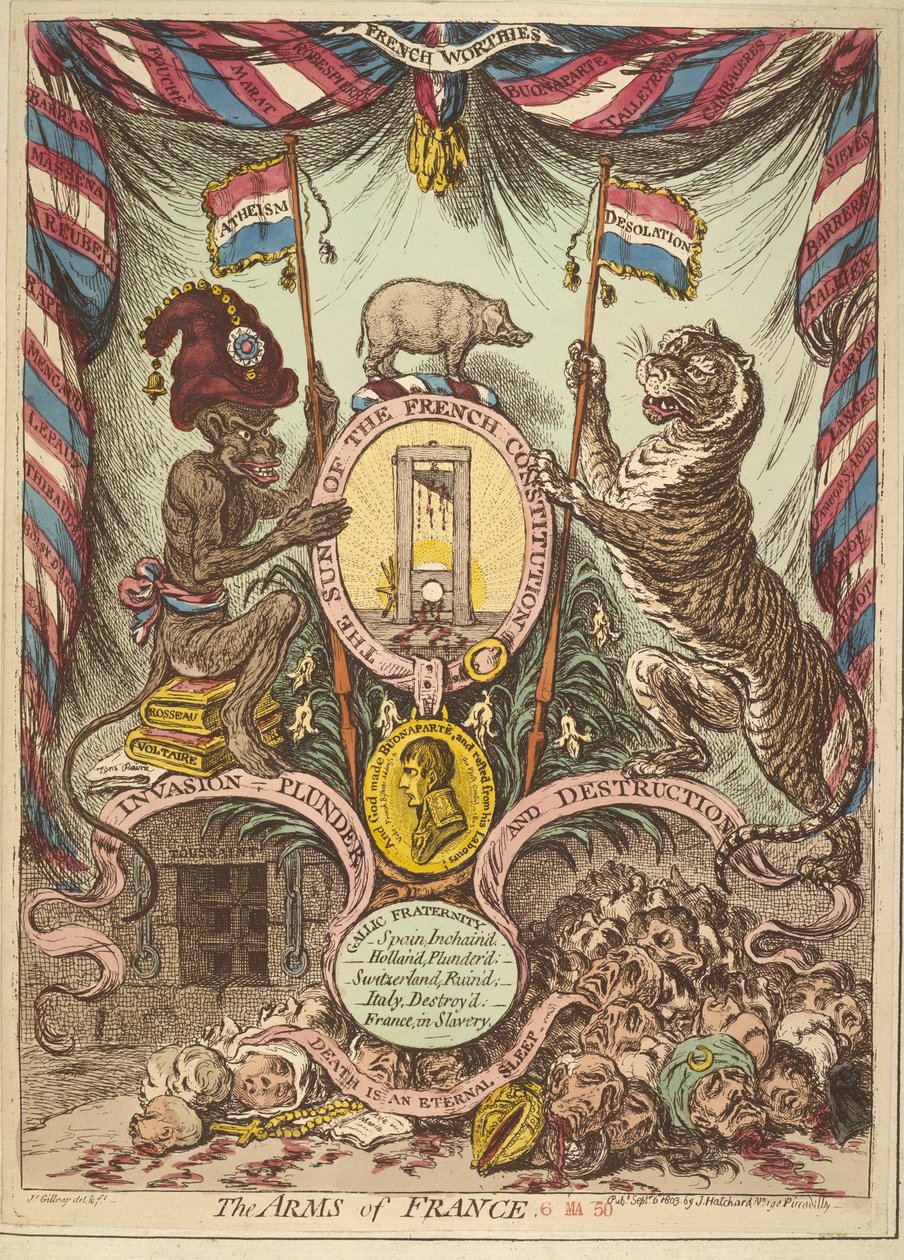 The Arms of France, illustration från "Lojala och patriotiska räkningar, sånger, adresser, etc. om Bonapartes hotade invasion av Storbritannien" publicerade i London av James Gillray