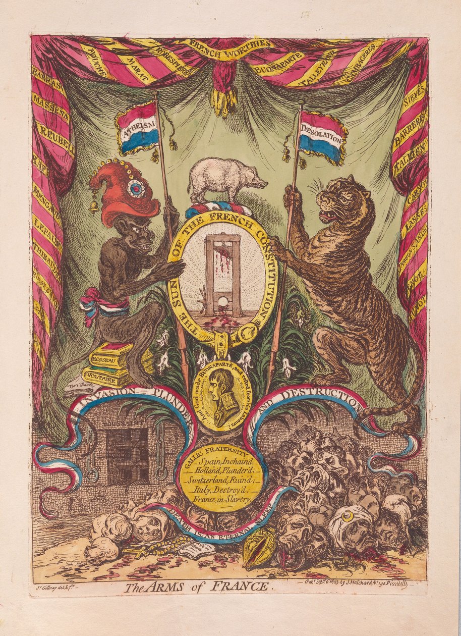 The Arms of France, pub. 1805 (handfärgad gravyr) av James Gillray