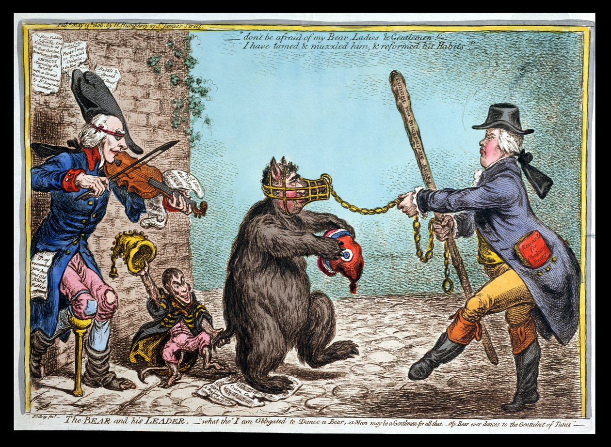 Björnen och hans ledare, publicerad av Hannah Humphrey 1806 (handfärgad etsning) av James Gillray