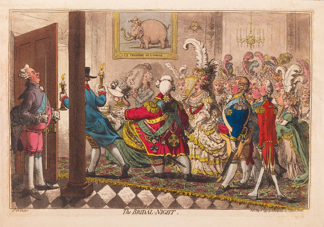 Bröllopsnatten, pub. 1797 (handfärgad gravyr) av James Gillray