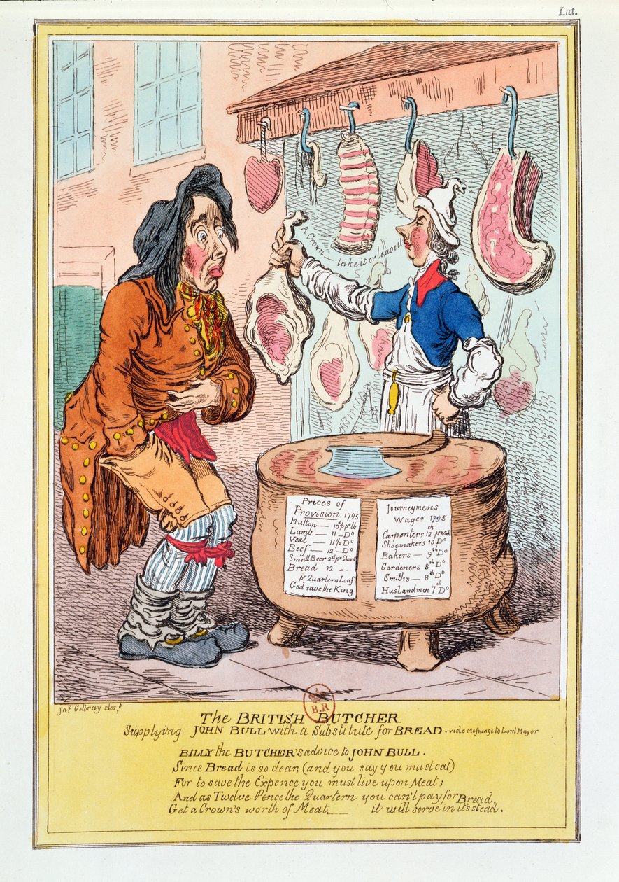 "Den brittiska slaktaren som förser John Bull med ett brödsubstitut", 1795 av James Gillray