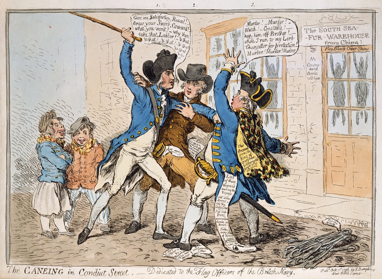 The Caneing in Conduit Street, publicerad av Hannah Humphrey, 1796 (handfärgad etsning) av James Gillray