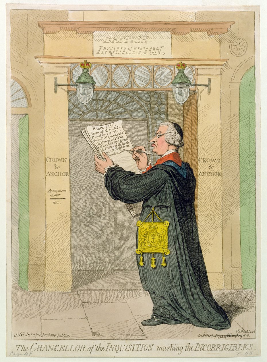 Inkvisitionens kansler som markerar de oförbätterliga, publicerad av Hannah Humphrey 1793 (handfärgad etsning) av James Gillray
