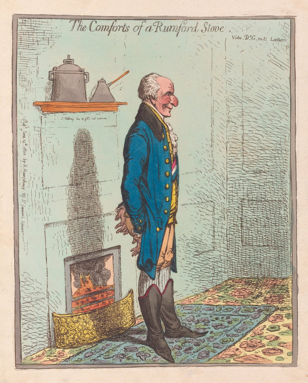 The Comforts of a Rumford Stove, pub 1800 (handfärgad gravyr) av James Gillray