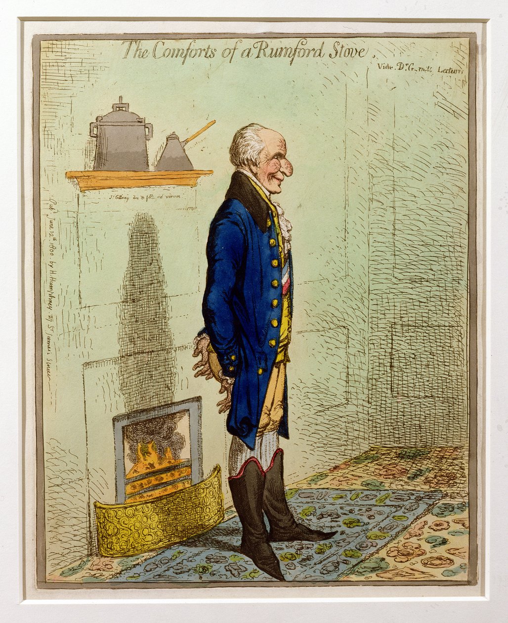 Comforts of a Rumford Stove, pub. av Hannah Humphrey, 1800 (etsning och wc) av James Gillray
