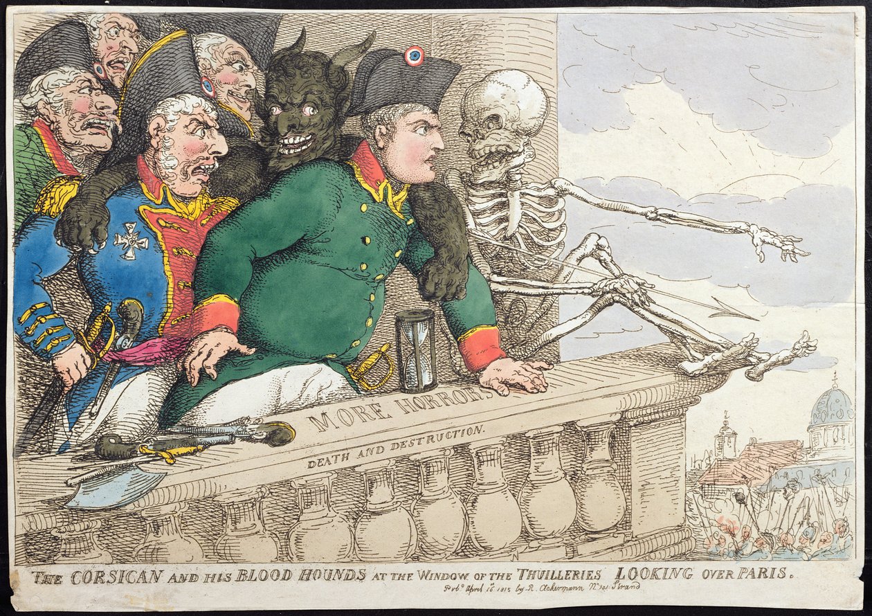 Korsikanen och hans blodhundar vid fönstret i Tuilleries, med utsikt över Paris, utgiven av Hannah Humphrey 1815 (handkolorerad etsning) av James Gillray