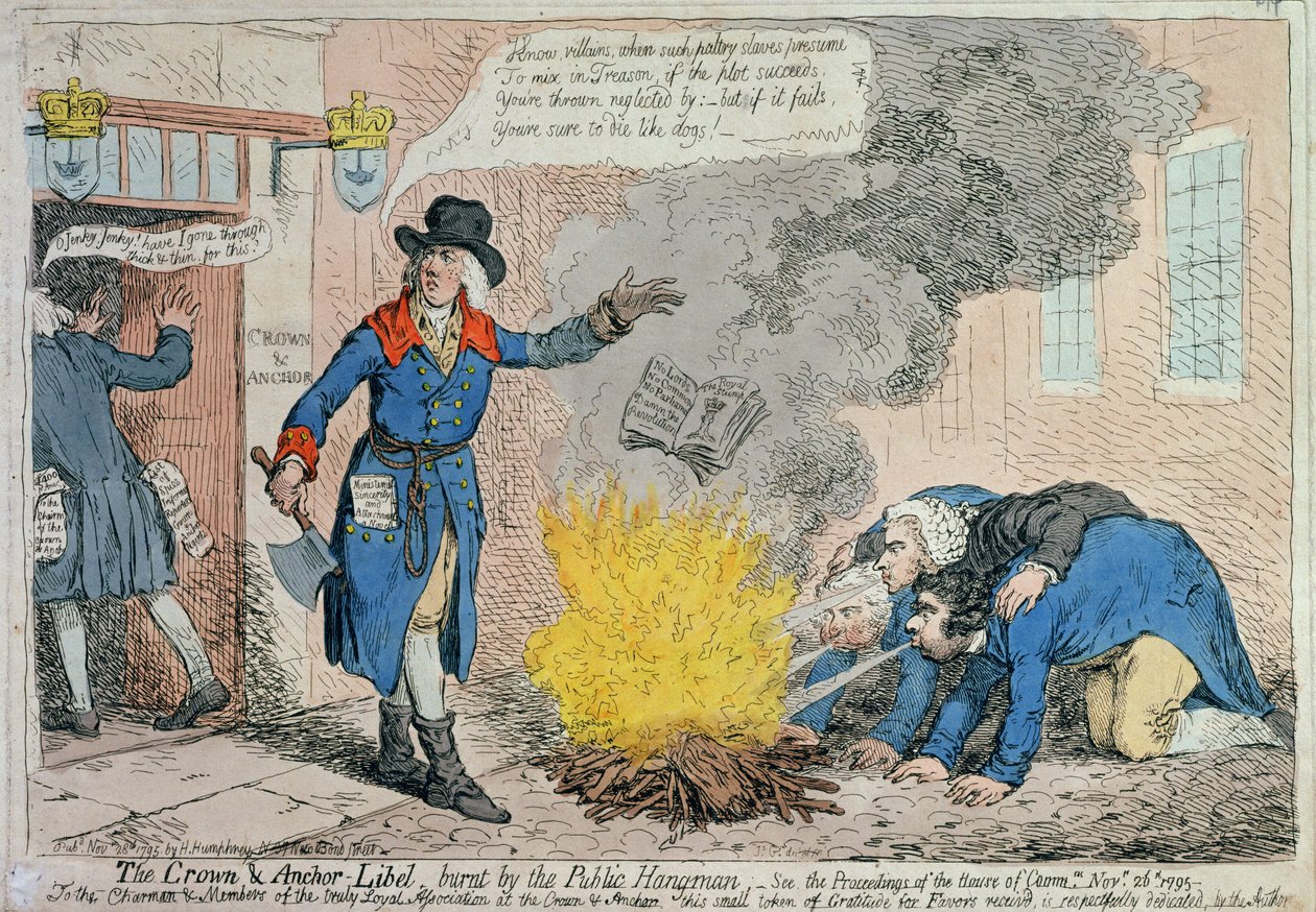 The Crown und Anchor Libel burnt by the Public Hangman, utgiven av Hannah Humphrey 1795 (handkolorerad etsning) av James Gillray