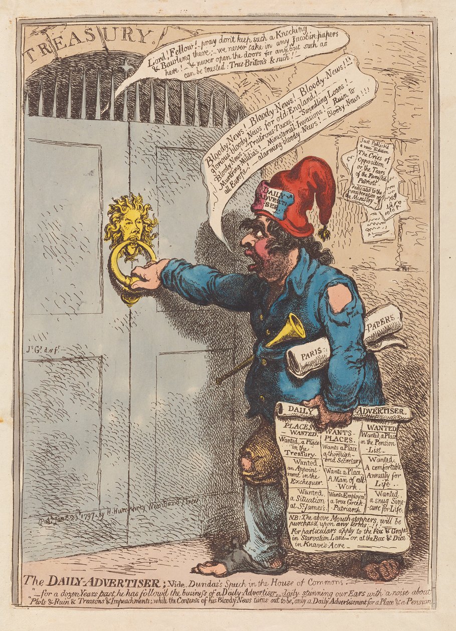 The Daily Advertiser, pub. 1797 (handfärgad gravyr) av James Gillray