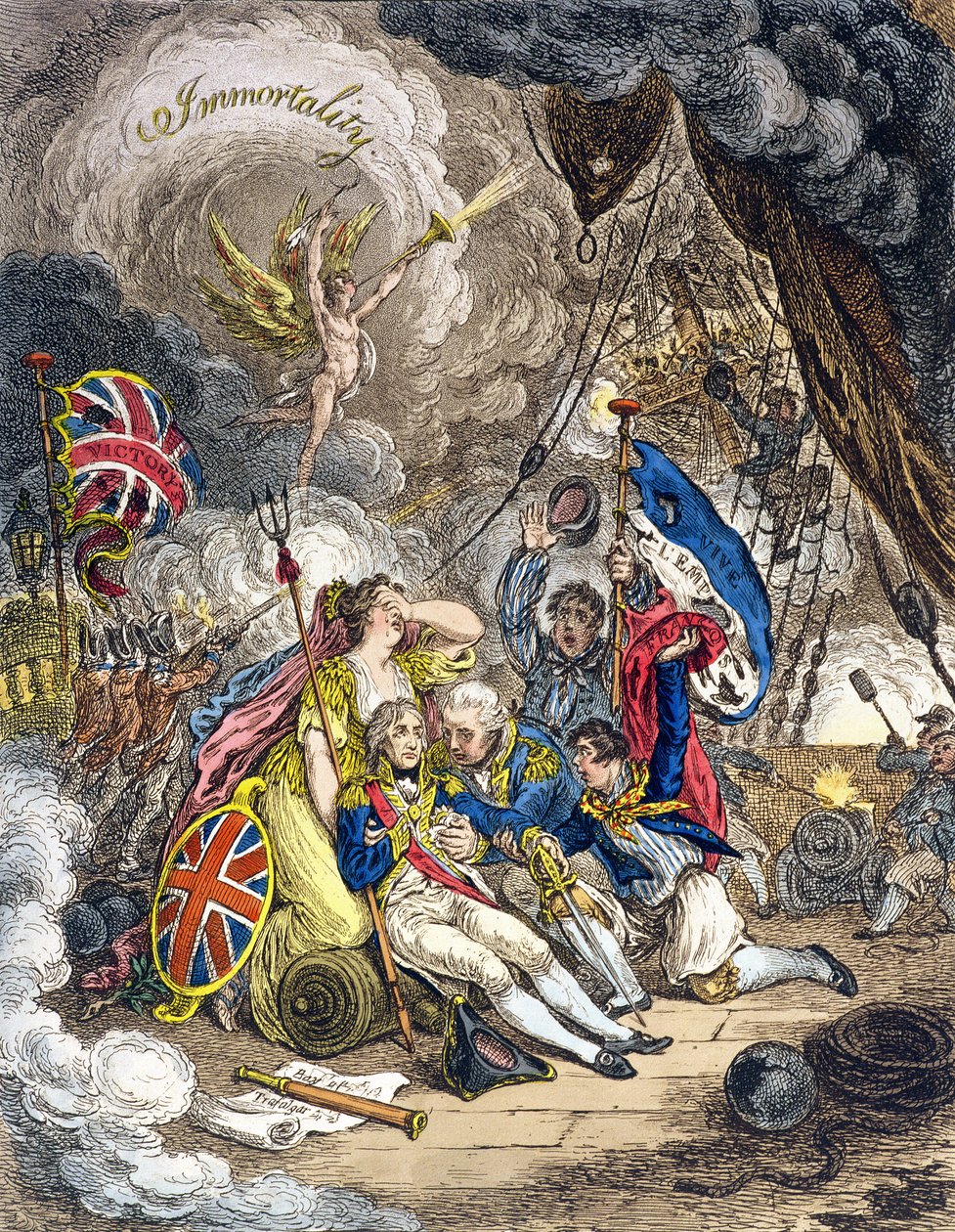Amiral Lord Nelsons död i segerögonblicket! publicerad av Hannah Humphrey 1805 (handfärgad etsning) av James Gillray