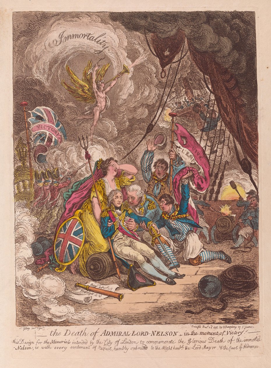 Amiral Lord Nelsons död, i segerns ögonblick, pub. 1805 (handfärgad gravyr) av James Gillray