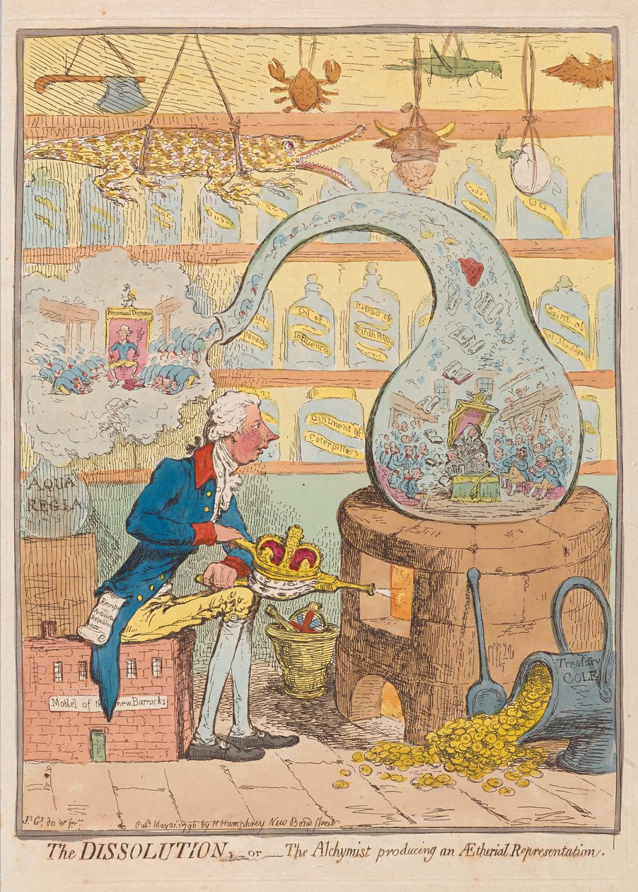 The Dissolution eller The Alchymist som producerar en eterisk representation, pub. 1796 (handfärgad gravyr) av James Gillray