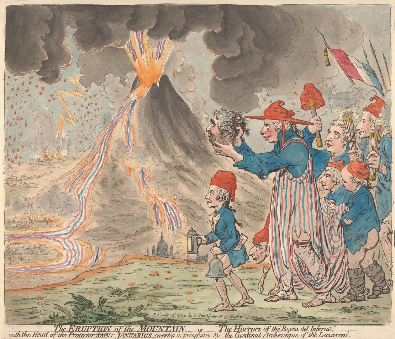 Bergets utbrott - eller - Fasorna vid Bocca del Inferno - med skyddshelgonet Januarius huvud buret i processioner av Lazzaronis kardinalärkebiskop av James Gillray