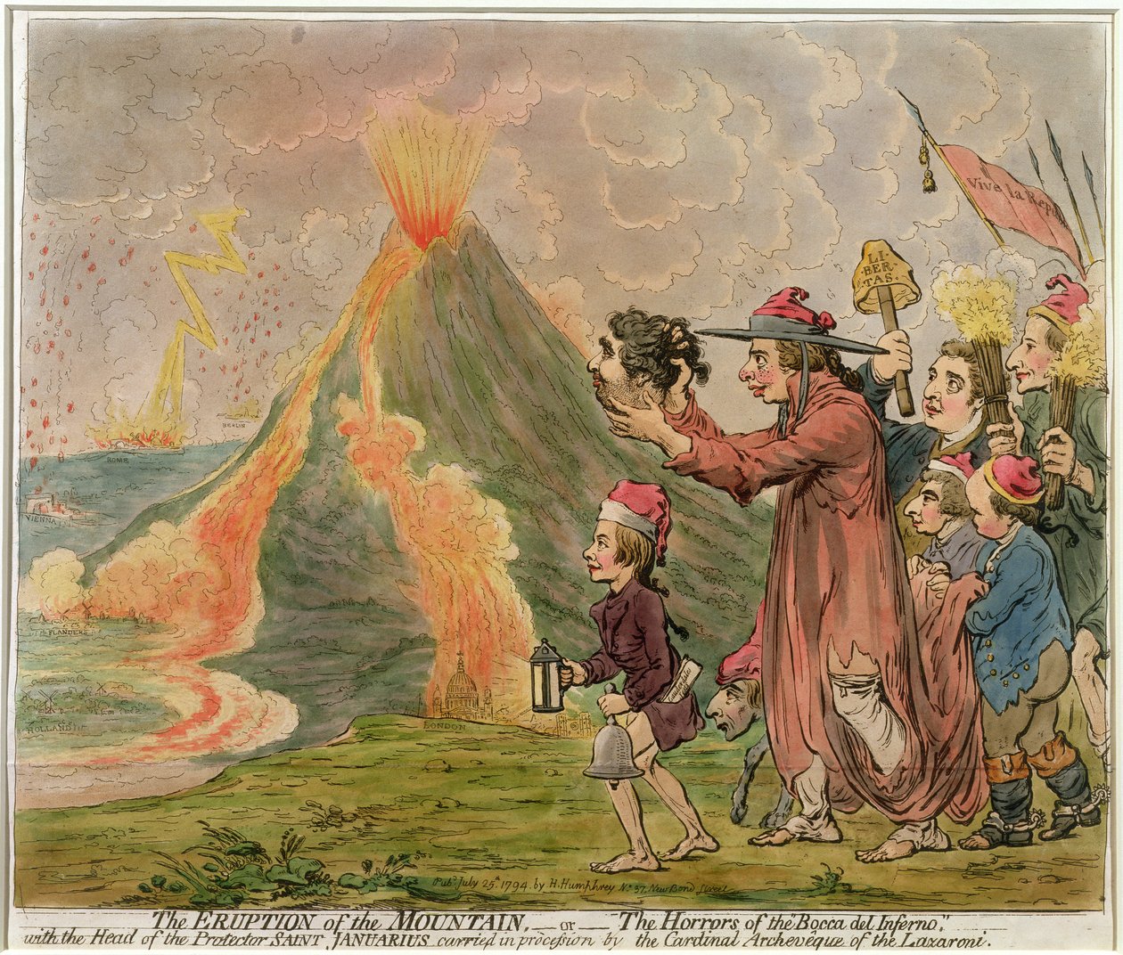 The Eruption of the Mountain, or The Horrors of the "Bocca del Inferno" utgiven av Hannah Humphrey 1794 (handkolorerad etsning) av James Gillray